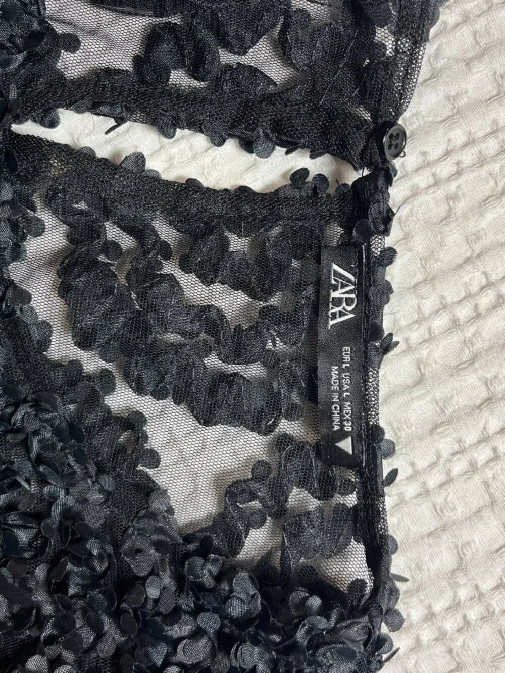 Zara Black 3D Floral Applique Sheer Mesh Top Long Wide Sleeve Large